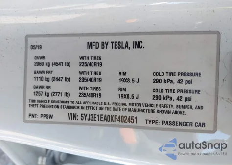 2019 Tesla Model 3 Long Range/Mid Range/Standard Range/Standard Range Plus из США, поврежденный, VIN 5YJ3E1EA0KF402451